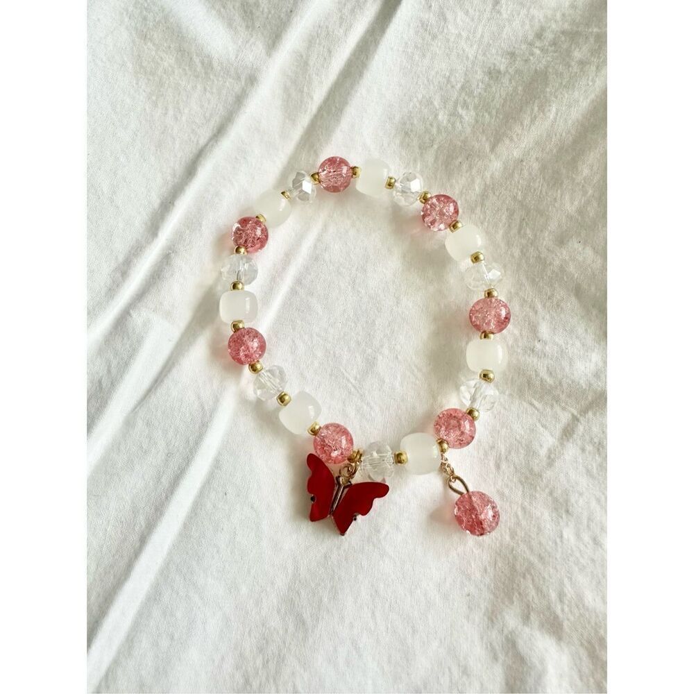 Red butterfly beaded stretch bracelet